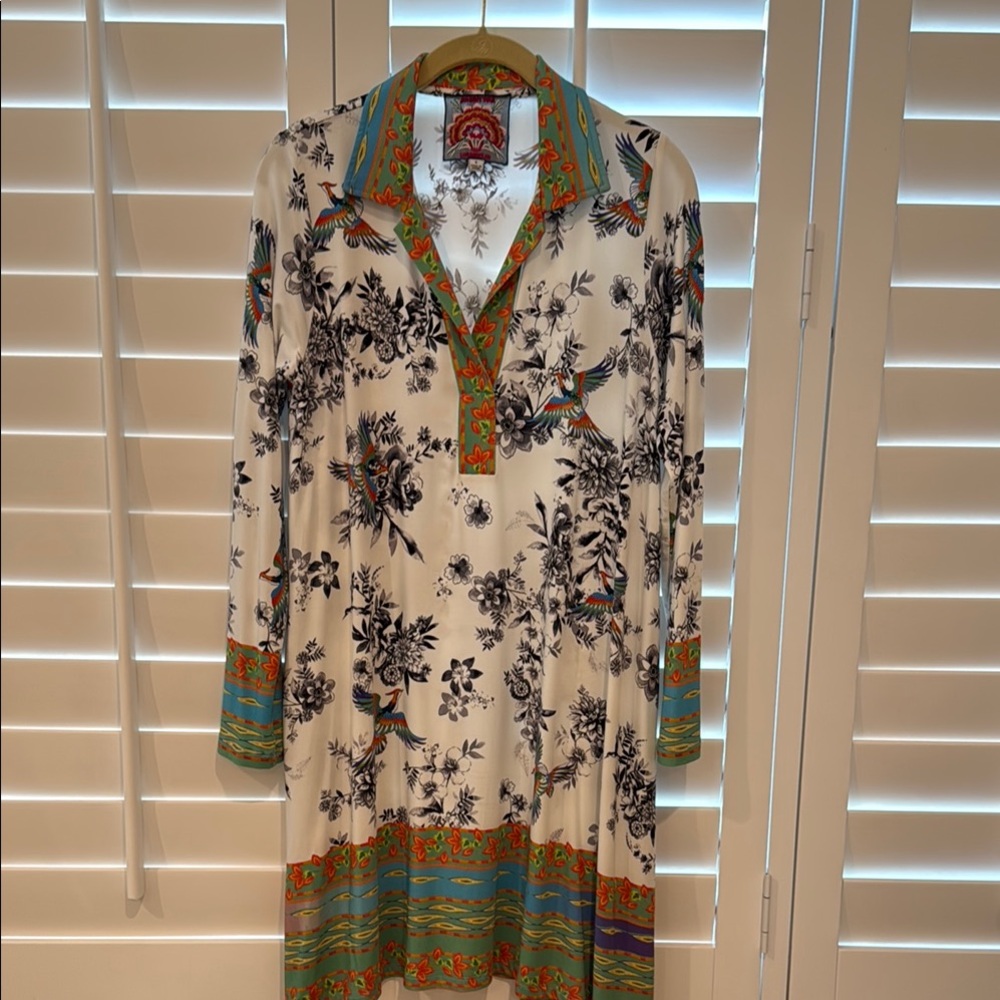 Floral Long Sleeve Dress with Multicolor Trim